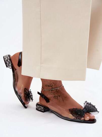 Elegant Transparent Women's Formal Sandals With Mesh Bow And Crystals Black Pink Gold