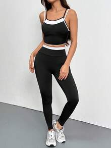 2pcs Women's Fashion Tight Top And Leggings Set, Perfect For Outdoor Casual Wear Or Sports - Black - View 1
