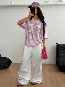 FIFA Loose V-Neck T-Shirt With Cute Y2K Summer Streetwear Graphic And Digital Pattern, Suitable For Men And Women - Pink - View 6