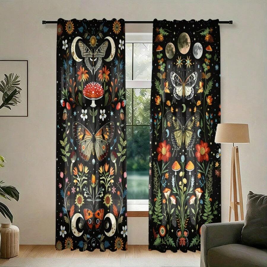Set 2 Buah Tirai Bermotif Jamur dan Tanaman Bulan, Cocok untuk Dapur, Ruang Tamu, Kamar Tidur, Ruang Belajar, dan Lemari. - Aneka warna 1 - View 1