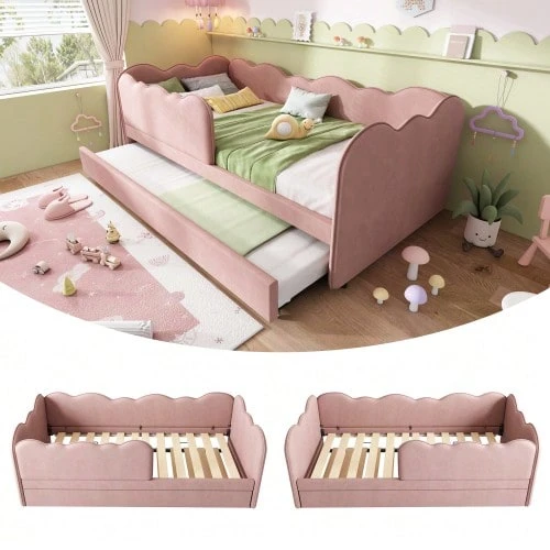 Upholstered Bed/Daybed 90x190cm, Daybed/Sofa Bed With Pull-Out Bed 90x190cm, Children's Bed With Slatted Base - 粉色 - 查看 1