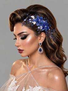 1 pieza Peine para el cabello con flor azul, accesorio elegante para la mujer, adecuado para bodas y fiestas - Azul - Ver 3