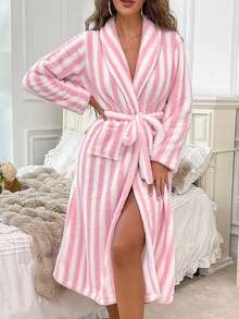 Women's Autumn/Winter Long Sleeve Belted Loungewear, Warm Fluffy Loose Comfortable Soft Pink Striped Print Fleece Robe - Pink - View 5