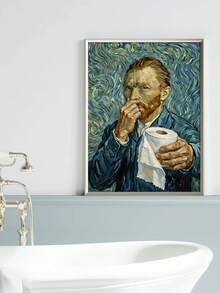 1pc 2D Flat Humorous Van Gogh Self-Portrait Toilet Paper Roll Wall Art Decor, Starry Night Style Humorous Bathroom Decor Poster, Frameless Modern Canvas Painting, Suitable For Bathroom, Toilet, Restroom, Home Decor, Bathroom Wall Decoration - Multicolor - View 3