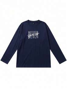 NEVER Give Up Inspirational Letter Loose Long Sleeve T-Shirt Men Spring Autumn Navy Blue Casual Base Layer - Navy Blue - View 3