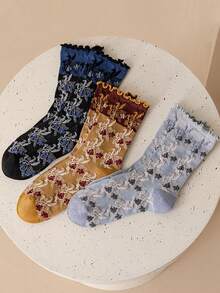 3 Pares de Meias Femininas Vintage Folclóricas Florais Jacquard com Babados até a Panturrilha, Estilo Escolar Japonês Nicho Floral Respirável Versátil Meias Slouch - Multicolorido - Visão 8