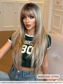 NAMM Ombre Blonde Wig With Bangs Extra Long Straight Layered Wigs For Women Natural Looking Soft Looking Synthetic Heat Resistant Fiber Hair Costume Wig For Daily Cosplay Wear, Festival Party Use 32 Inch - 棕色 - 查看 2