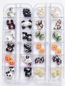Halloween Nail Charms, 3d Resin Nail Decorations, 12 Grids Mixed Nail Art Box, Devil Pumpkin Nail Ornaments, Clown,Black Cat Nail Charms, Spooky Goth Manicure Supplies, Press On Nail Accessories, Halloween Nails Salon Diy , Cartoon Clown Nail Studs - Multicolor - View 4