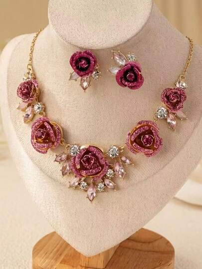 3pcs/Set Fashion Elegant Rose Design Faux Diamond Necklace + Stud Earrings Set, Suitable For Daily Wear, Party, Wedding, Music Festival, Vacation, Outfit Matching, Holiday Gift, Anniversary Gift