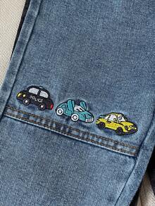 2pcs/Set Spring/Autumn Boys Elastic Waist Car Embroidered Denim Jeans, Casual Outdoor Holiday Long Pants For Toddlers And Kids - Multicolor - View 4