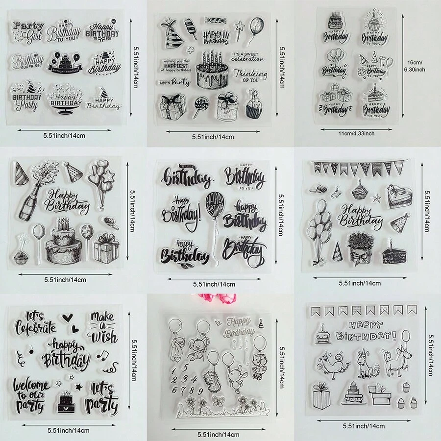 Birthday Party Clear Silicone Stamps Set, Happy Birthday Cake Balloon Gift Animal Transparent Rubber Stamps For DIY Scrapbooking, Card Making, Journaling, Photo Album Decor, Handmade Greeting Card Craft Supplies
