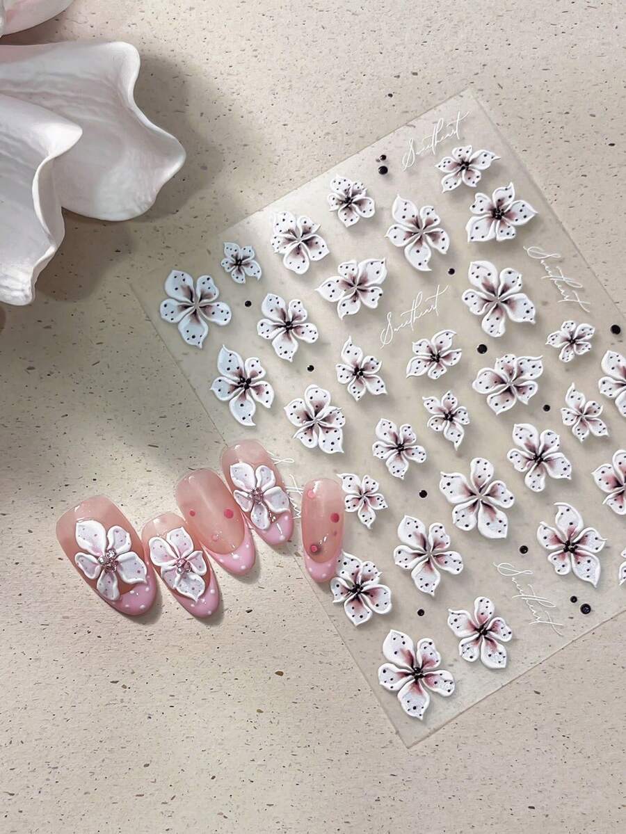 1 Sheet 5D Raised Cold Embossed Sakura Floral Nail Stickers, Multi-Size White Pink Polka Dot Cherry Blossom Mixed Pattern, Nail Art Supplies For Daily Bride Manicure - Multicolor - View 1
