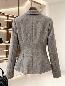 Women's Autumn/Winter Commute Casual Daily Herringbone Wool Single-Breasted Slim Fit Long Sleeve Blazer - Khaki - View 2