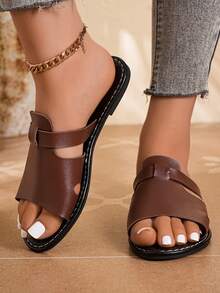 New Spring/Summer Fashion Casual Slip-On Sandals, Casual Flat Slides, Beach Sandals, Vacation Style Versatile Flat Slip-On Women's Sandals - Coffee Brown - View 4