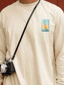 SEA&SUN Wave Sunrise Palm Tree Loose Long Sleeve T-Shirt Men Spring Autumn Apricot Beach Vacation Base Layer - Apricot - View 3