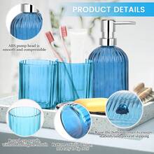 4pcs Blue Striped Bathroom Set, Silver Large Lid, Hand Soap Dispenser, 2 Rinsing Cups, Soap Dish - Blue Striped Four-piece Toiletries Set - View 6