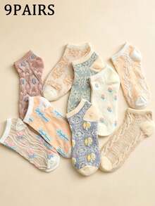 4/9 Pairs Cute Fruit Print Women's Socks, Fresh Macaron Color Cartoon Short Socks, Spring/Summer Daily Versatile Style, White Socks, Summer, Gift For Women - Multicolor - View 9