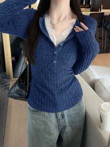秋冬女款 2 合 1 針織底層上衣，甜辣風，修身蕾絲內層，短版襯衫 - 藏蓝色 - 查看 3