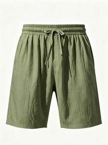 2pcs/Pack Men's Lightweight Breathable Linen Casual Shorts, Elastic Waist 5-Point Pants, Suitable For Daily / Vacation / Sports Wear - Army Green - View 11
