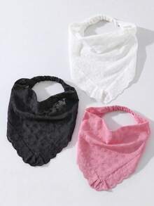 3件組女款時尚刺繡捲邊髮帶，適合日常與度假使用 - 黑+白+粉紅色 - 查看 8
