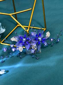 1 pieza Peine para el cabello con flor azul, accesorio elegante para la mujer, adecuado para bodas y fiestas - Azul - Ver 4