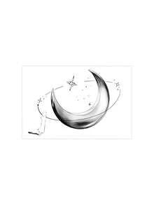 1件草本素描漸層新月星星孤獨人物橫向正方形圖案臨時紋身貼紙，逼真假紋身設計，適合日常、單身派對伴手禮、音樂節、遊戲、畢業禮物，可維持7-14天 - 黑色 - 查看 4