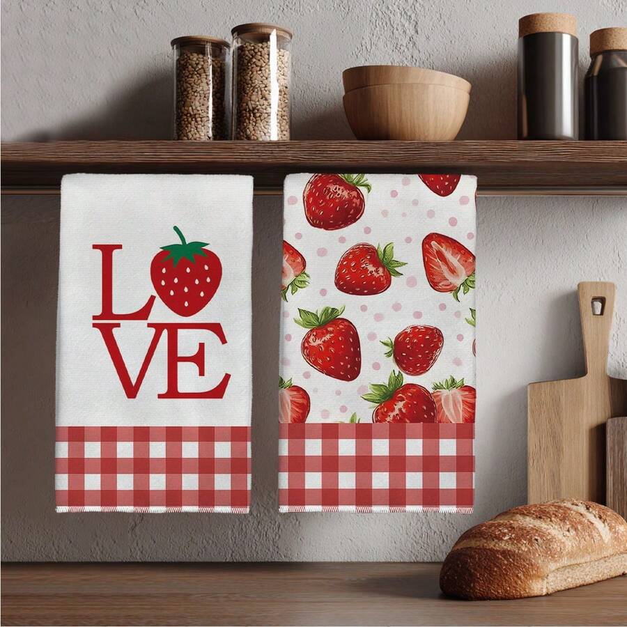 2件組紅色格紋 LOVE 草莓圖案廚房毛巾,40*60cm鄉村農場風長方形抹布、桌布、手巾,廚房裝飾,鄰居喬遷禮物,廚房餐巾與抹布,居家裝飾禮品 - 紅白色 - 查看 1