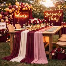 3PCS Red Chiffon Fabric Tablecloth Bohemian Transparent Satin Tablecloth Suitable For Autumn Thanksgiving Family Party Wedding Arch Background Baby/Bride Gift Birthday Party Restaurant Table Outdoor Party Festival Decoration - Burgundy - View 5