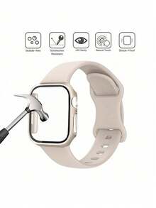2合1運動矽膠錶帶與錶殼套組，相容 錶帶與錶殼尺寸 38mm、40mm、41mm、42mm、44mm、45mm，柔軟舒適矽膠錶帶配鉚釘扣，耐衝擊防刮硬 PC 材質與鋼化玻璃螢幕保護膜一體式錶殼，相容 Ultra/11/10/9/8/7/6/5/4/SE - 杏色 - 查看 4