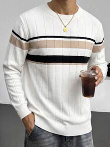 SU ER 1pc Men's Autumn/Winter Casual Striped Knit Top - White - View 6