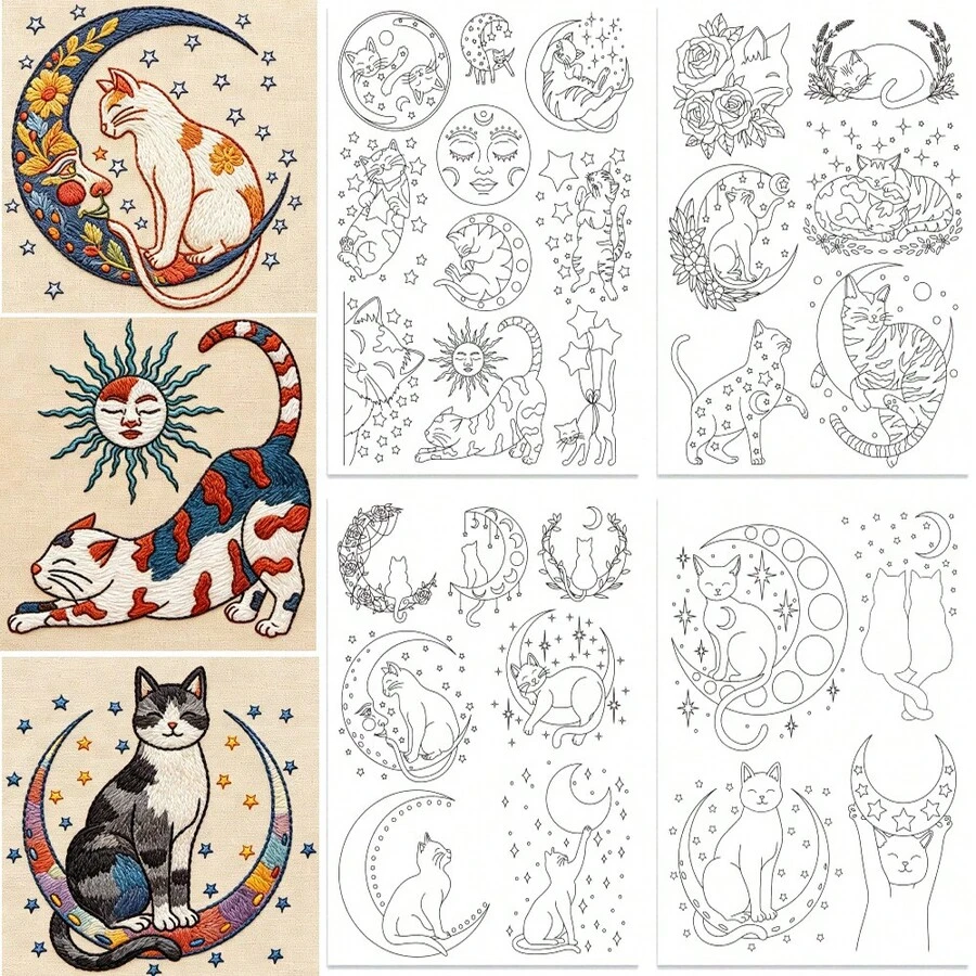 Stick And Stitch Water-Soluble Embroidery Stabilizer, Moon Cat Star Floral Pattern, Suitable For DIY Embroidery On Shirts, Jackets, Bags