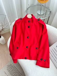 FGGG Women's Epaulettes & Button Decorated Long Sleeve Stand Collar Loose Straight Woven Red Short Trench Coat, Vintage British Style, Suitable For Daily & Party Wear, Spring & Autumn - Red - View 7