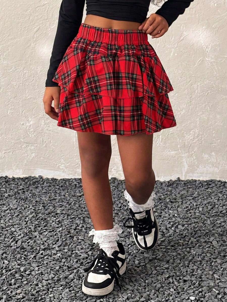 1pc Girls Fashion Versatile Retro Classic Plaid Skirt Spring Summer Autumn Back To School - Red - View 1