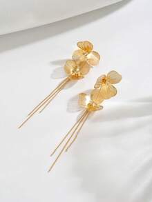 1pair Elegant Luxury Golden Alloy Flower Long Chain Tassel Dangle Earrings For Women Wedding Evening Party Jewely Gift - Multicolor - View 4