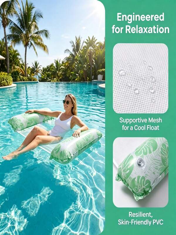 1pc 2-Tube Inflatable Water Hammock, Floating Pool Hammock, Inflatable Float, Foldable Backrest, PVC Turtle Shell Leaf Design, Adult Swim Float, Suitable For Adult Pool, Beach And Water Activities, Floating, Swimming Pool, Inflatable Pool Party, Summer Essential, Perfect For Travel And Home Pool Use