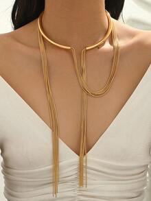 1pc Personalized Minimalist Design Long Metal Asymmetric Tassel Pendant Choker Sweater Chain Necklace Suitable For Women's Daily, Vacation, Party Wear - Gold - View 1