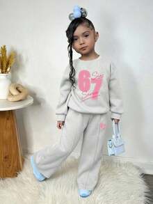 Tween Girl Digital Pattern Print Crew Neck Long Sleeve Top And Long Pants - Grey - View 2