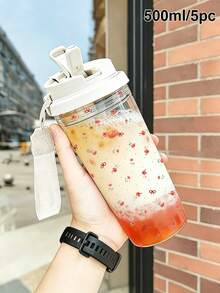 1pc/5pcs 500ml Soft Ribbon Bow Tiny Rose Themed Flip Lid Cup, Transparent Plastic Straw Bottle With Cream Webbing Lanyard, Scattered Mini Bloom Pattern For School Daily Use - Multicolor - View 14