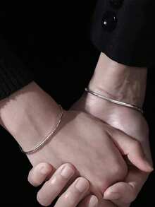 2pcs Minimalist Plain Chain Stainless Steel Couple Snake Chain Bracelet Set, Unisex Valentine's Day Bracelet, Suitable For Daily Commute And Versatile Accessory - Silver - View 2