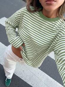 Women's Casual Top, Striped Color Block Ribbed Everyday Wear Spring - Green and White - View 4
