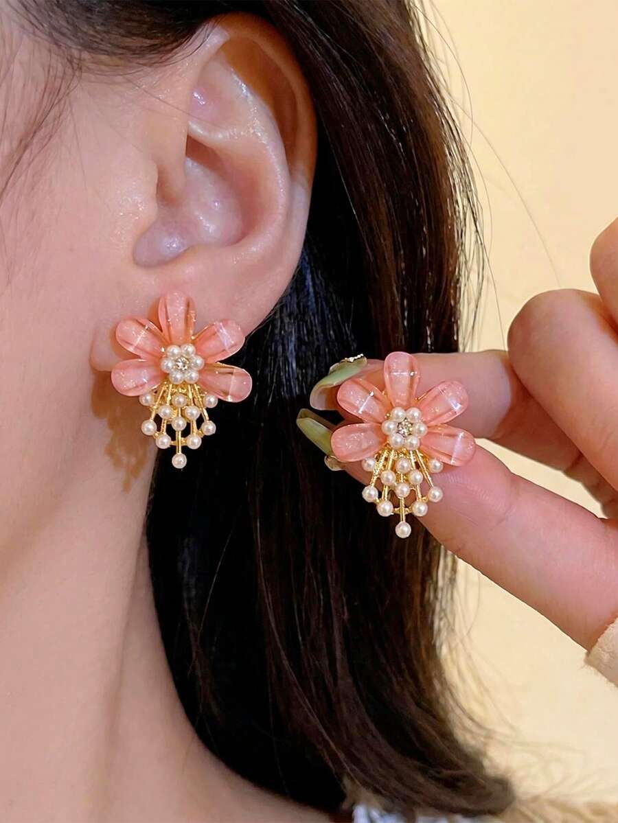 一对优雅花朵耳环,时尚可爱百搭的小众高端耳环,适合女性日常、节日、派对佩戴。 - 粉色 - 查看 1