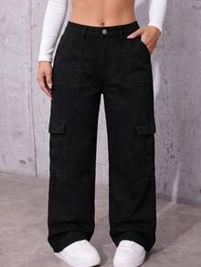 Women's Casual Light Wash Ripped Denim Shorts With Button Closure And Frayed Hem, Straight Leg Medium Stretch Jean Shorts Perfect For Summer Outfits - Black - View 5