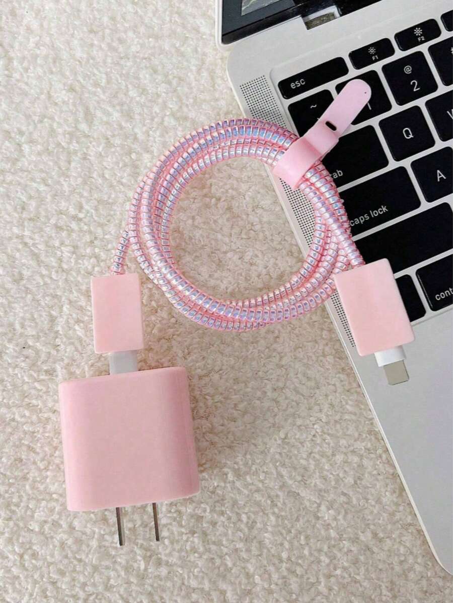 5件組粉色極簡充電器保護套，相容 iPhone 18W/20W，充電線保護套、充電頭保護套，TPU 材質防污防裂線材保護套，充電器保護套 - 粉色 - 查看 1