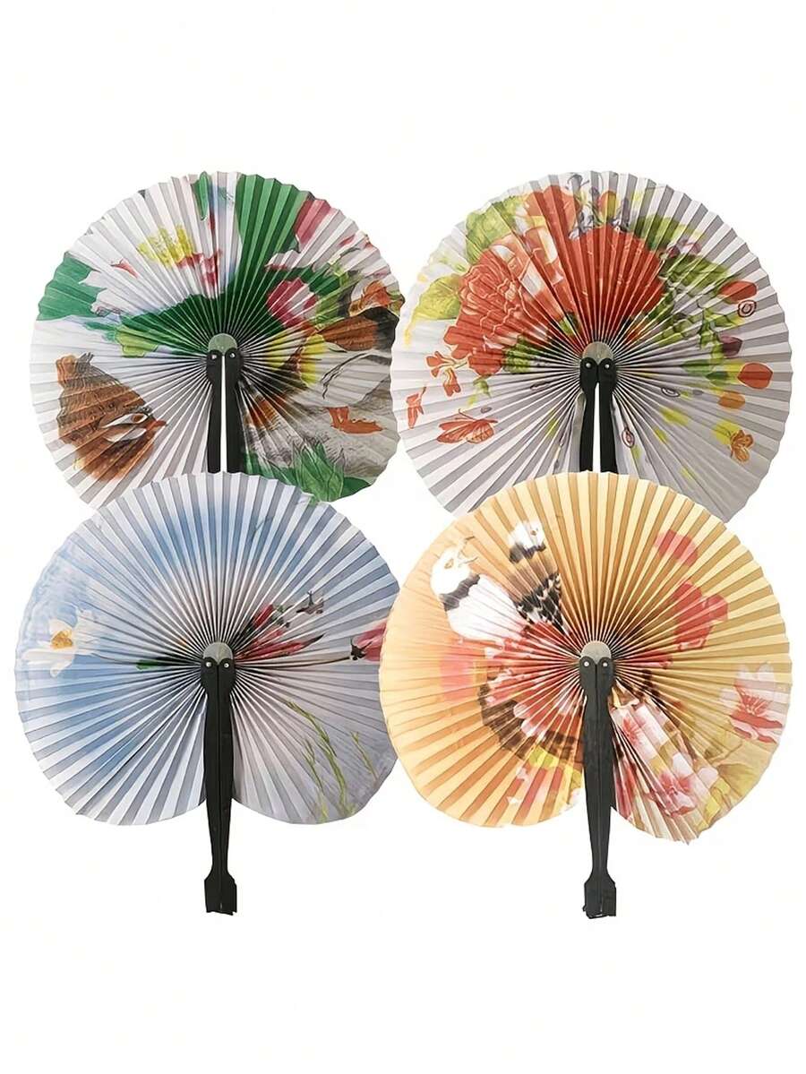 10pcs/5pcs Portable Folding Paper Fans, Traditional Chinese Style Painted Paper Fans, Suitable For Weddings, Birthdays, Dance Performances, Photography Props, Random Colors