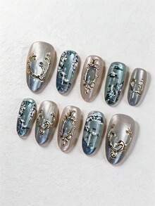 10pcs Medium-Long Almond-Shaped Summer Skin-Brightening Emerald Gemstone Wearable Nail Stickers, Jade Celadon Gradient French Style Fake Nail Tips, Instantly Enhance Your Appearance, Highlight Personal Simple Elegance, Elegant Minimalist, Y2K Princess Minimalist Sexy Style, Suitable For Women And Girls Daily Use, Also A Delicate Gift For Women And Girls, Press-On Nail Supplies - Multicolor - View 3