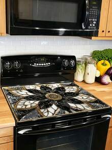 1pc 2D Flat Luxury Black Golden For Lotus Marble Pattern Stove Protector Mat, Wear Resistant, Dirt Resistant, Durable, Easy To Clean, Reusable, Suitable For Travel, Gas Stove, Washing Machine, Kitchen Essentials, Home Decor, Vacation Essentials - a - 查看 3