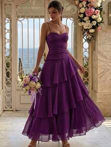 Women's Elegant Asymmetrical Ruffle Strap Dress, Versatile Design Suitable For Party, Beach, Vacation In Summer Wedding - Purple - View 11