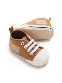 Brown & White Contrast Cartoon Bear Infant Canvas Shoes, 0-12 Months Newborn Soft Sole Pre-Walker Shoes, Breathable Anti-Slip Toddler Walking Shoes - Brown - View 2