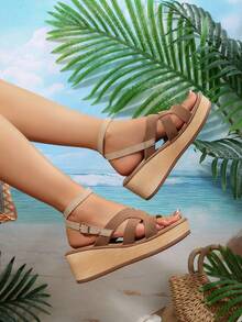 Sandalias de cuña con flor plateada, sandalias de plataforma con tiras para mujer, pantuflas casuales de verano metálicas sin cordones - Marrón - Ver 7