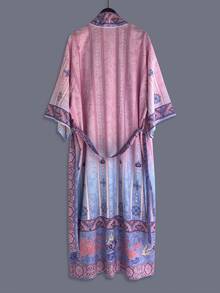 Mid-Length Kimono Sleeve Waist-Cinching Yukata, Gradient Floral & Animal Print Design, Half-Sleeve Open Collar Woven Fabric Robe Pink - Pink - View 4